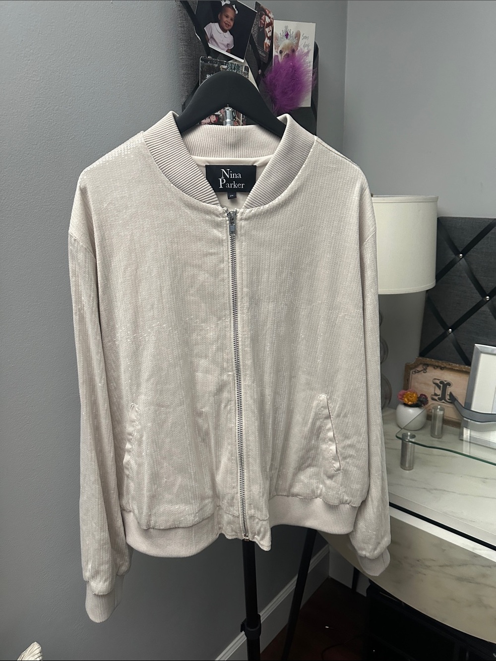 Nina Parker Sequin Light Beige Bomber Jacket - 2X - Good Condition